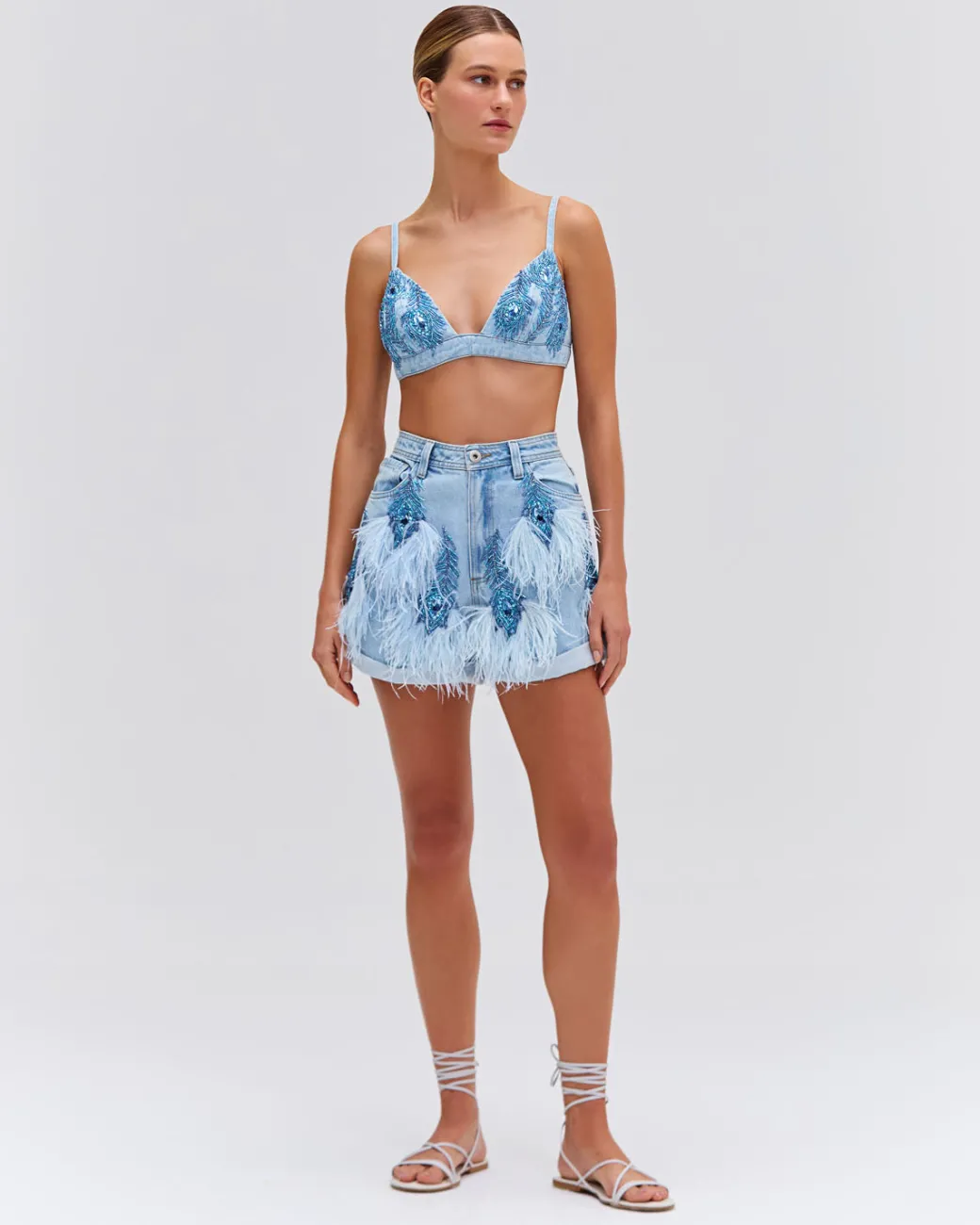 PatBO Beaded Feather Shorts (EXCLUSIVE)- Matching Sets|Denim