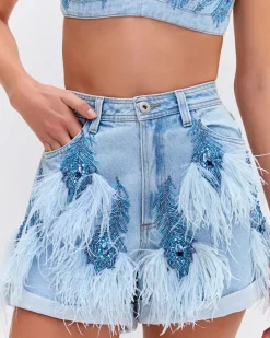 PatBO Beaded Feather Shorts (EXCLUSIVE)- Matching Sets|Denim