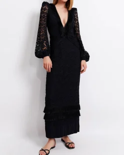 PatBO Crochet Plunge Fringe Trim Maxi- Dresses & Jumpsuits