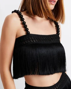 PatBO Fringe Cropped Top with Pearl Beaded Straps (FINAL SALE)- Tops & Bodysuits