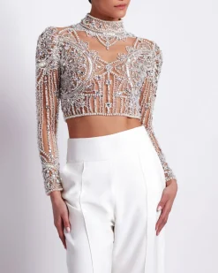 PatBO HAND BEADED TULLE CROPPED TOP (EXCLUSIVE)- Tops & Bodysuits