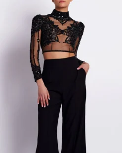 PatBO HAND BEADED TULLE CROPPED TOP (EXCLUSIVE)- Tops & Bodysuits