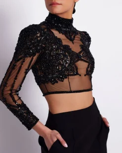 PatBO HAND BEADED TULLE CROPPED TOP (EXCLUSIVE)- Tops & Bodysuits