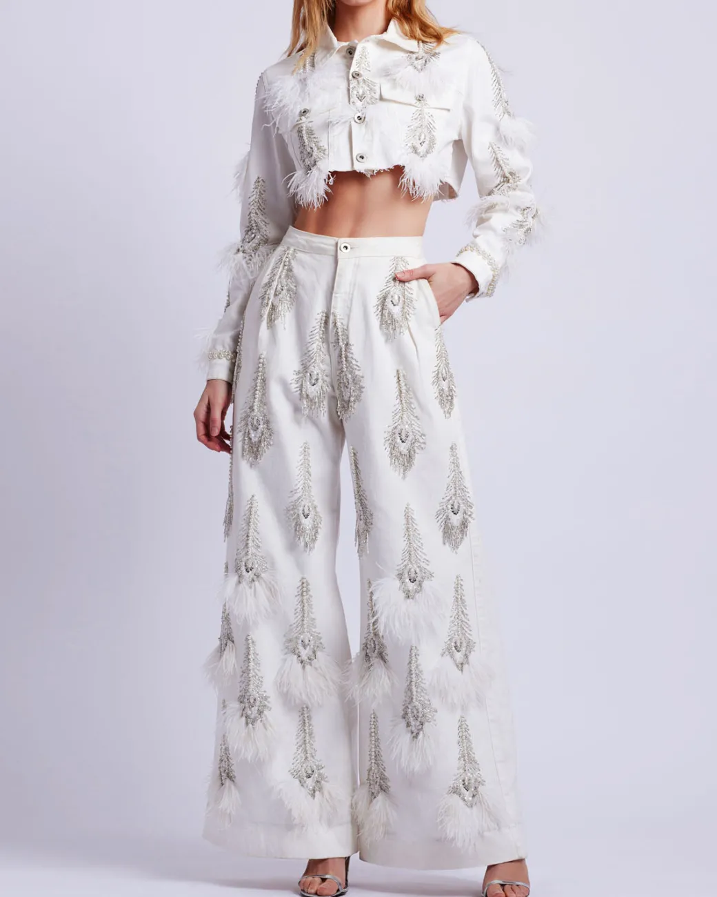 PatBO Hand-Beaded Denim and Feather Jeans (FINAL SALE)- Denim|Bottoms