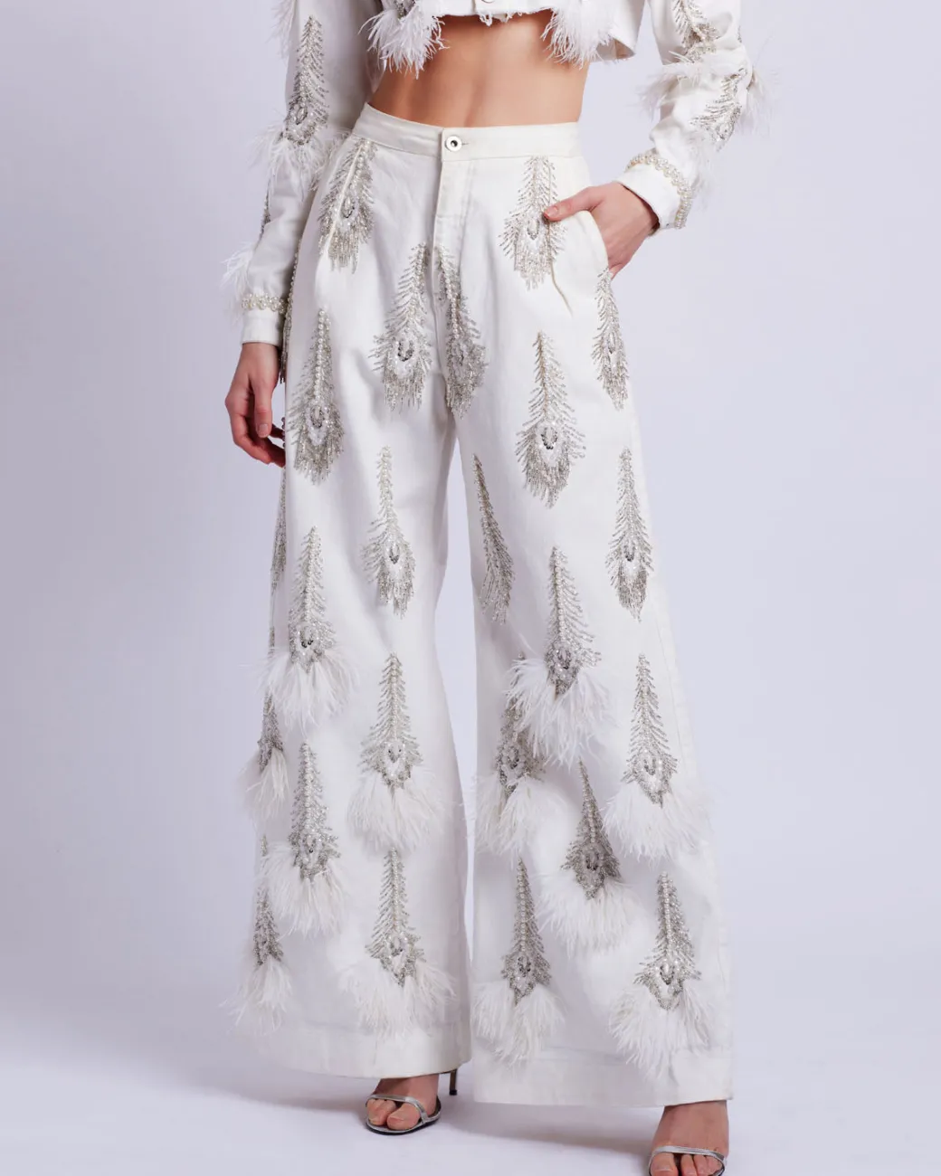 PatBO Hand-Beaded Denim and Feather Jeans (FINAL SALE)- Denim|Bottoms