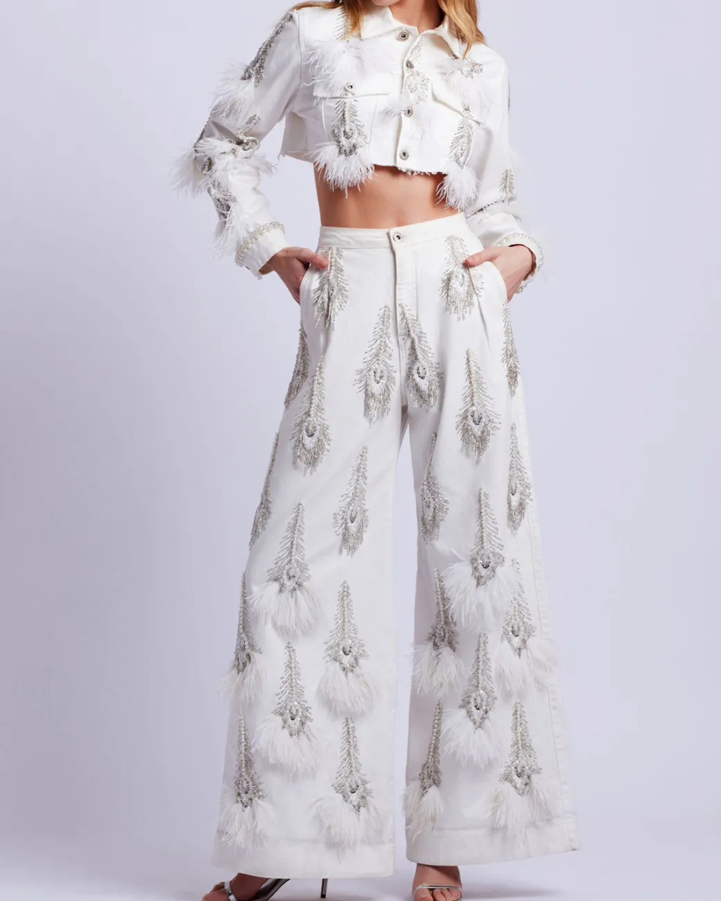 PatBO Hand-Beaded Denim and Feather Jeans (FINAL SALE)- Denim|Bottoms