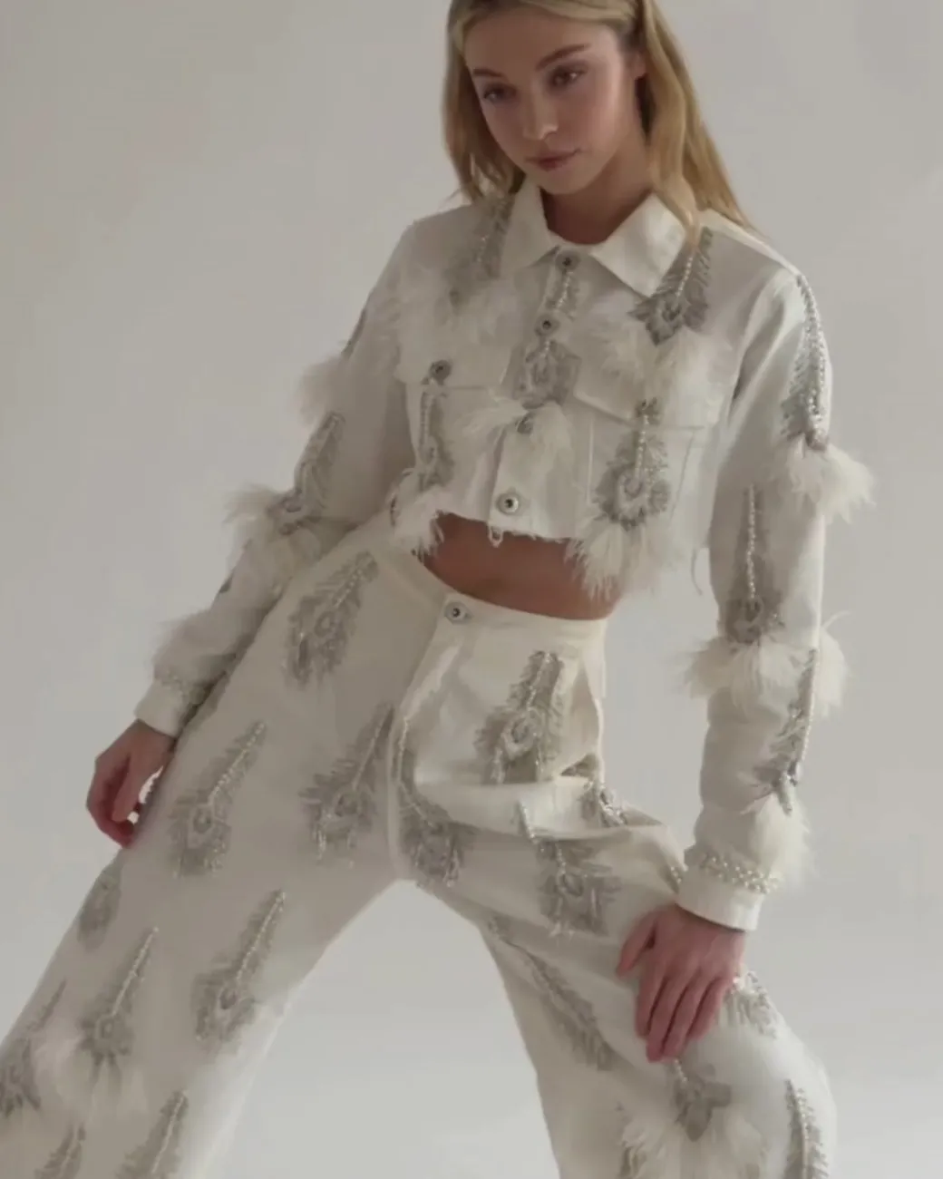 PatBO Hand-Beaded Denim and Feather Jeans (FINAL SALE)- Denim|Bottoms