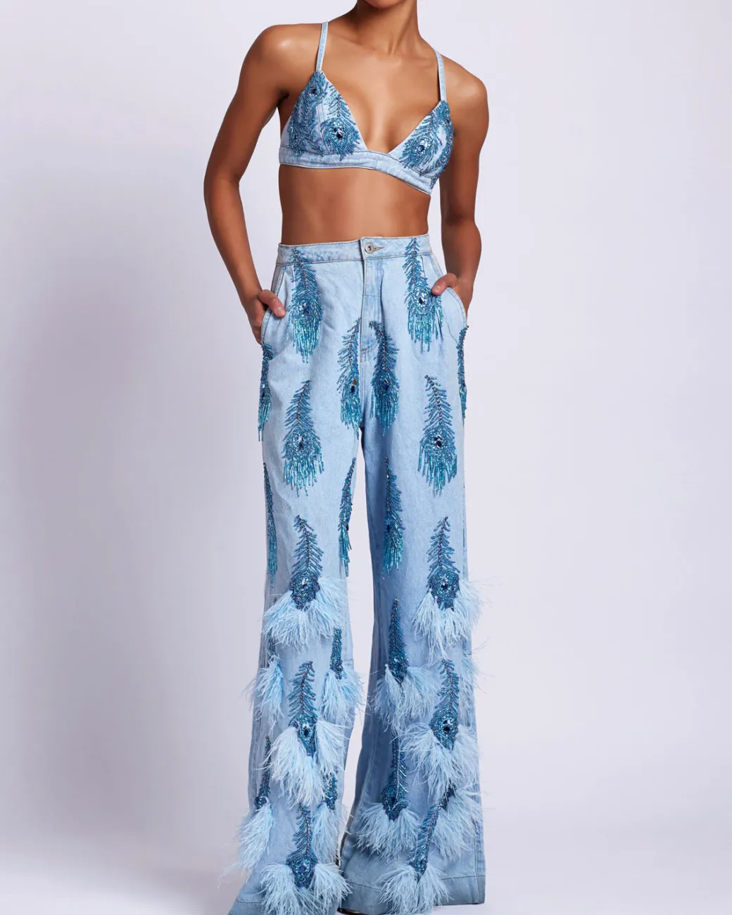 PatBO Hand-Beaded and Feather Jeans (FINAL SALE)- Matching Sets|Bottoms