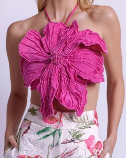 PatBO HAND-BEADED FLOWER TOP- Tops & Bodysuits