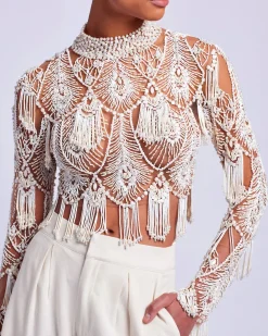 PatBO Hand-Beaded High Neck Top (EXCLUSIVE)- Tops & Bodysuits