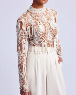 PatBO Hand-Beaded High Neck Top (EXCLUSIVE)- Tops & Bodysuits