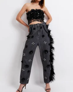 PatBO HAND-BEADED JEANS WITH FEATHER TRIM (FINAL SALE)- Matching Sets|Denim