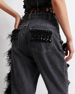 PatBO HAND-BEADED JEANS WITH FEATHER TRIM (FINAL SALE)- Matching Sets|Denim