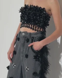 PatBO HAND-BEADED JEANS WITH FEATHER TRIM (FINAL SALE)- Matching Sets|Denim