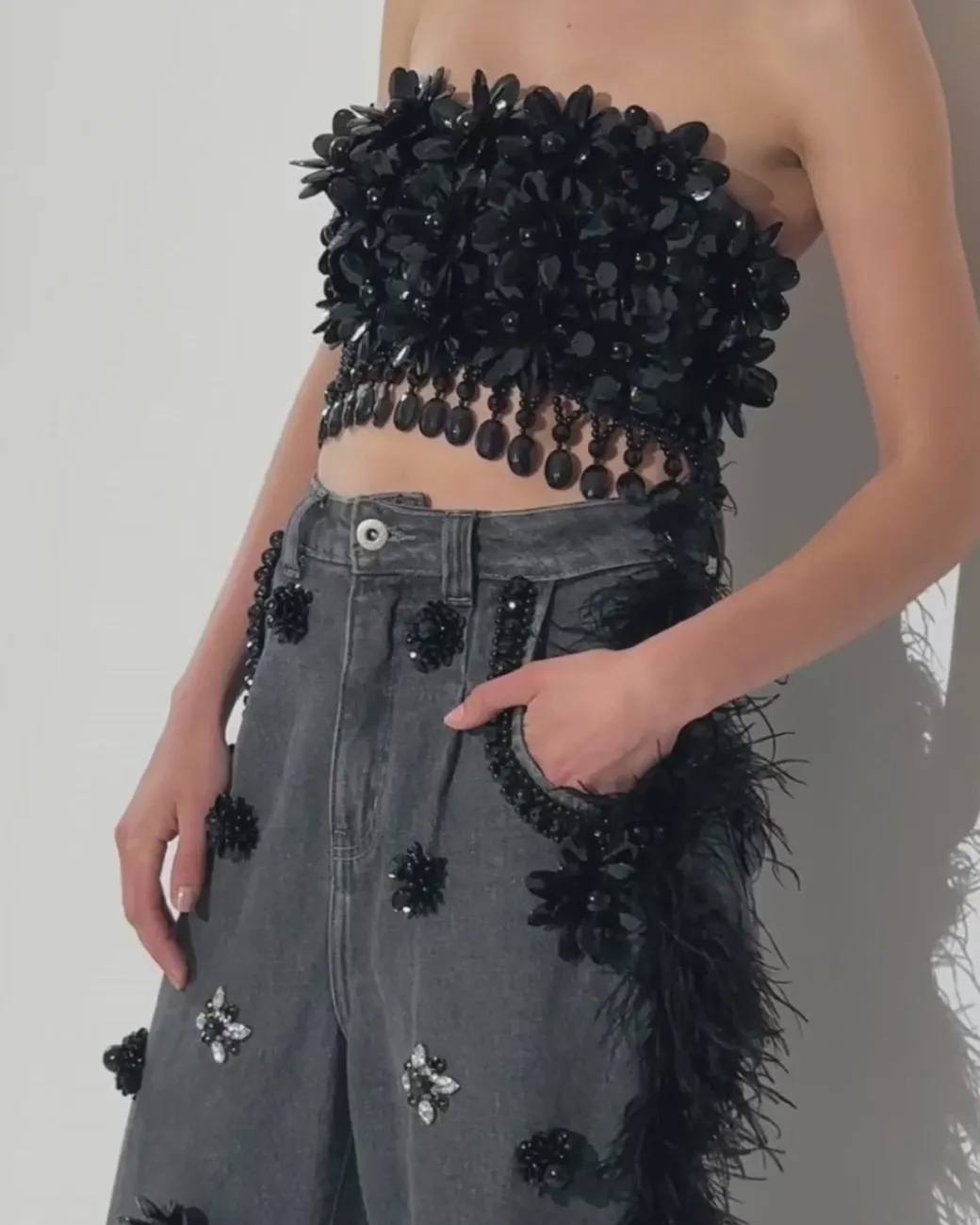PatBO HAND-BEADED JEANS WITH FEATHER TRIM (FINAL SALE)- Matching Sets|Denim