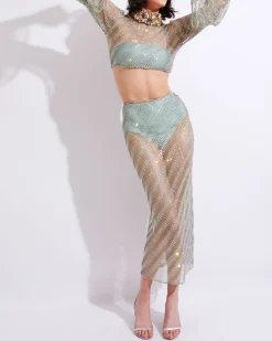 PatBO Hand-Beaded Rhinestone Netted Top (EXCLUSIVE) (FINAL SALE)- Tops & Bodysuits