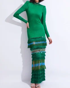 PatBO HIGH NECK MAXI DRESS WITH BEADED FRINGE (FINAL SALE)- Dresses & Jumpsuits