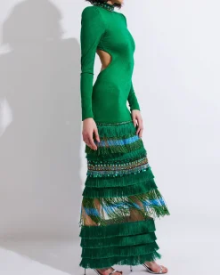 PatBO HIGH NECK MAXI DRESS WITH BEADED FRINGE (FINAL SALE)- Dresses & Jumpsuits