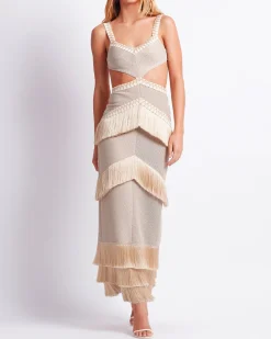 PatBO Metallic Knit Maxi Dress with Fringe Trim- Dresses & Jumpsuits