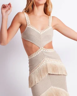 PatBO Metallic Knit Maxi Dress with Fringe Trim- Dresses & Jumpsuits