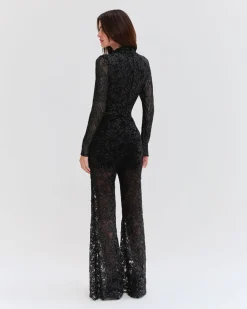 PatBO METALLIC LACE HIGH NECK BODYSUIT- Tops & Bodysuits
