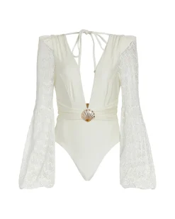 PatBO PLUNGE LONG SLEEVE SWIMSUIT- One Pieces