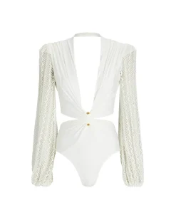 PatBO Plunge Netted Sleeve Swimsuit (EXCLUSIVE)- One Pieces|Tops & Bodysuits