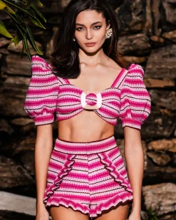 PatBO STRIPED CROCHET PUFF SLEEVE TOP (FINAL SALE)- Tops & Bodysuits
