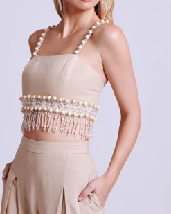 PatBO Wood and Crystal Beaded Linen Top- Matching Sets|Tops & Bodysuits