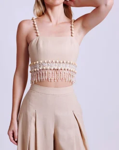 PatBO Wood and Crystal Beaded Linen Top- Matching Sets|Tops & Bodysuits