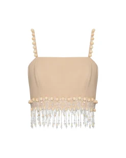 PatBO Wood and Crystal Beaded Linen Top- Matching Sets|Tops & Bodysuits