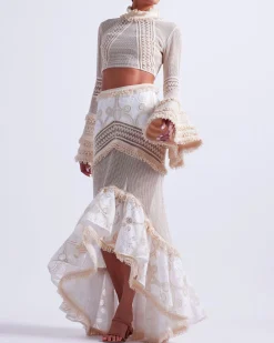 PatBO Woven Bell Sleeve Cropped Top- Tops & Bodysuits