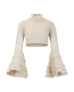 PatBO Woven Bell Sleeve Cropped Top- Tops & Bodysuits